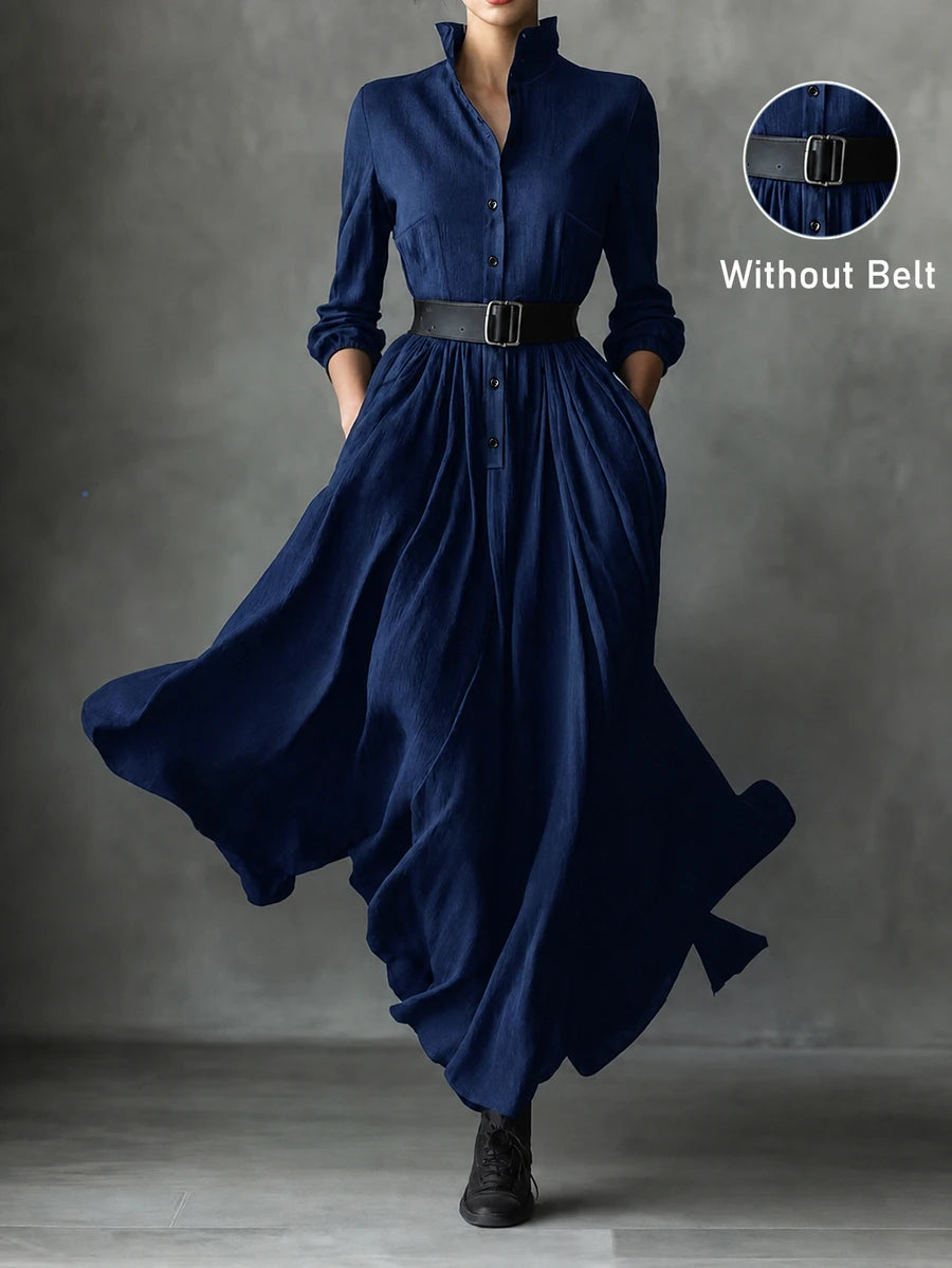 Vestido longo feminino de outono/inverno com gola alta pequena, frente semiaberta e manga comprida, roupa de férias, vestido elegante de festa, vestido de formatura, vestido casual, vestido formal, estilo campestre, vestido preto