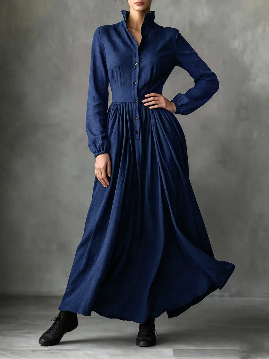Vestido longo feminino de outono/inverno com gola alta pequena, frente semiaberta e manga comprida, roupa de férias, vestido elegante de festa, vestido de formatura, vestido casual, vestido formal, estilo campestre, vestido preto