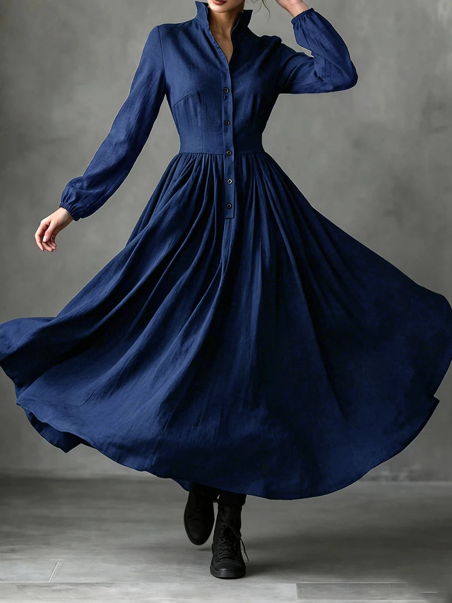 Vestido longo feminino de outono/inverno com gola alta pequena, frente semiaberta e manga comprida, roupa de férias, vestido elegante de festa, vestido de formatura, vestido casual, vestido formal, estilo campestre, vestido preto