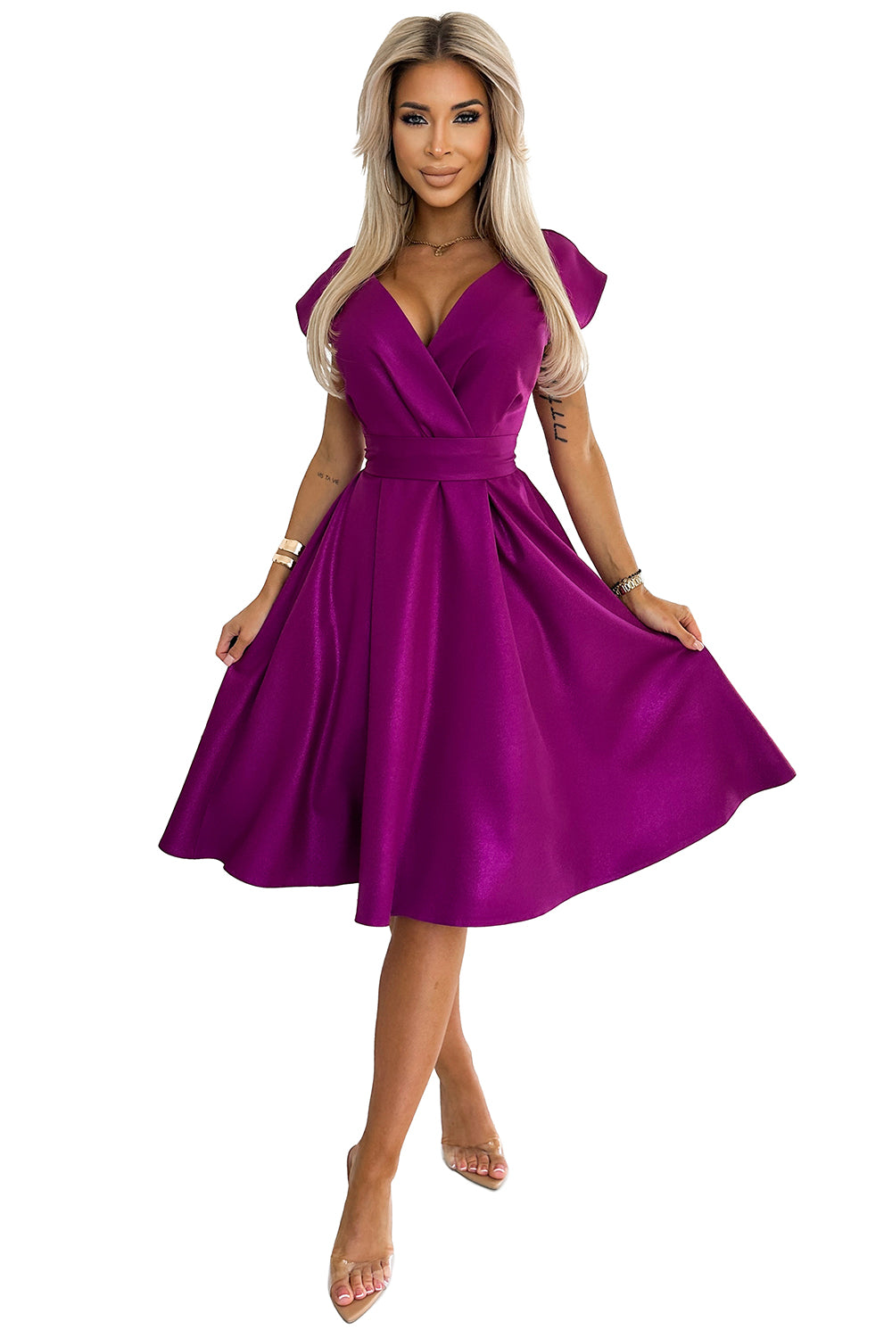Numoco 348-8 SCARLETT flared dress with a neckline - fuchsia with glitter