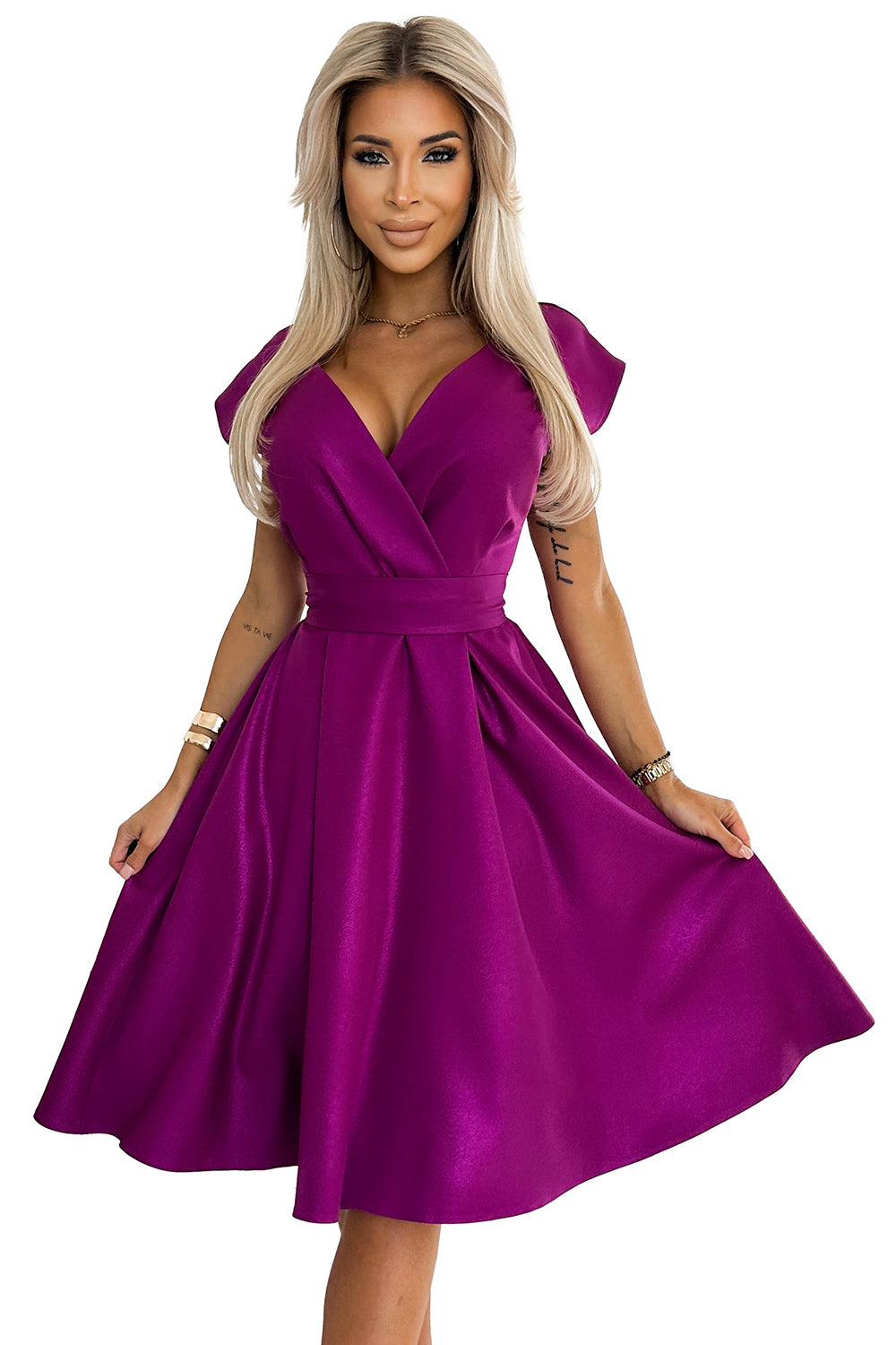 Numoco 348-8 SCARLETT flared dress with a neckline - fuchsia with glitter