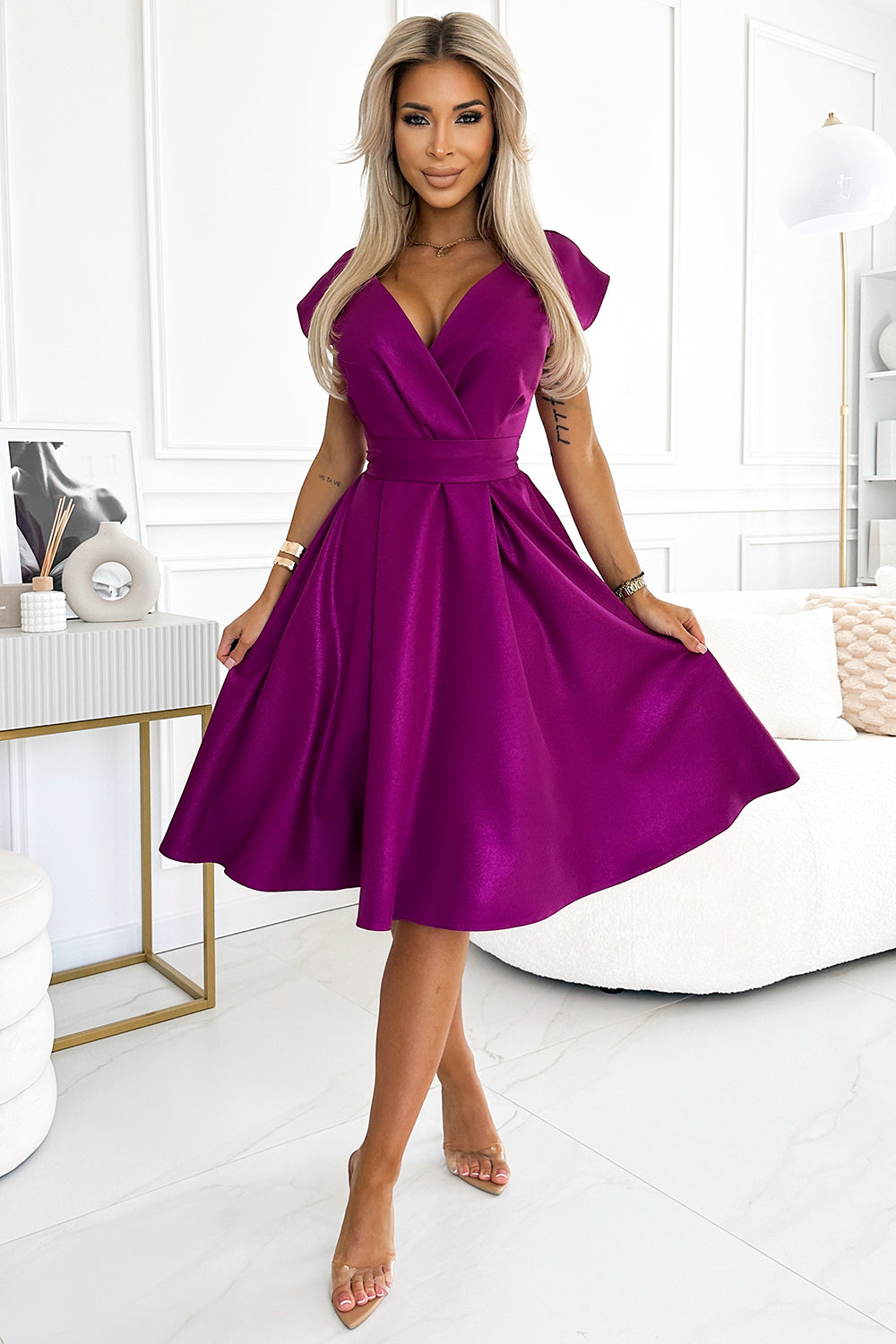 Numoco 348-8 SCARLETT flared dress with a neckline - fuchsia with glitter
