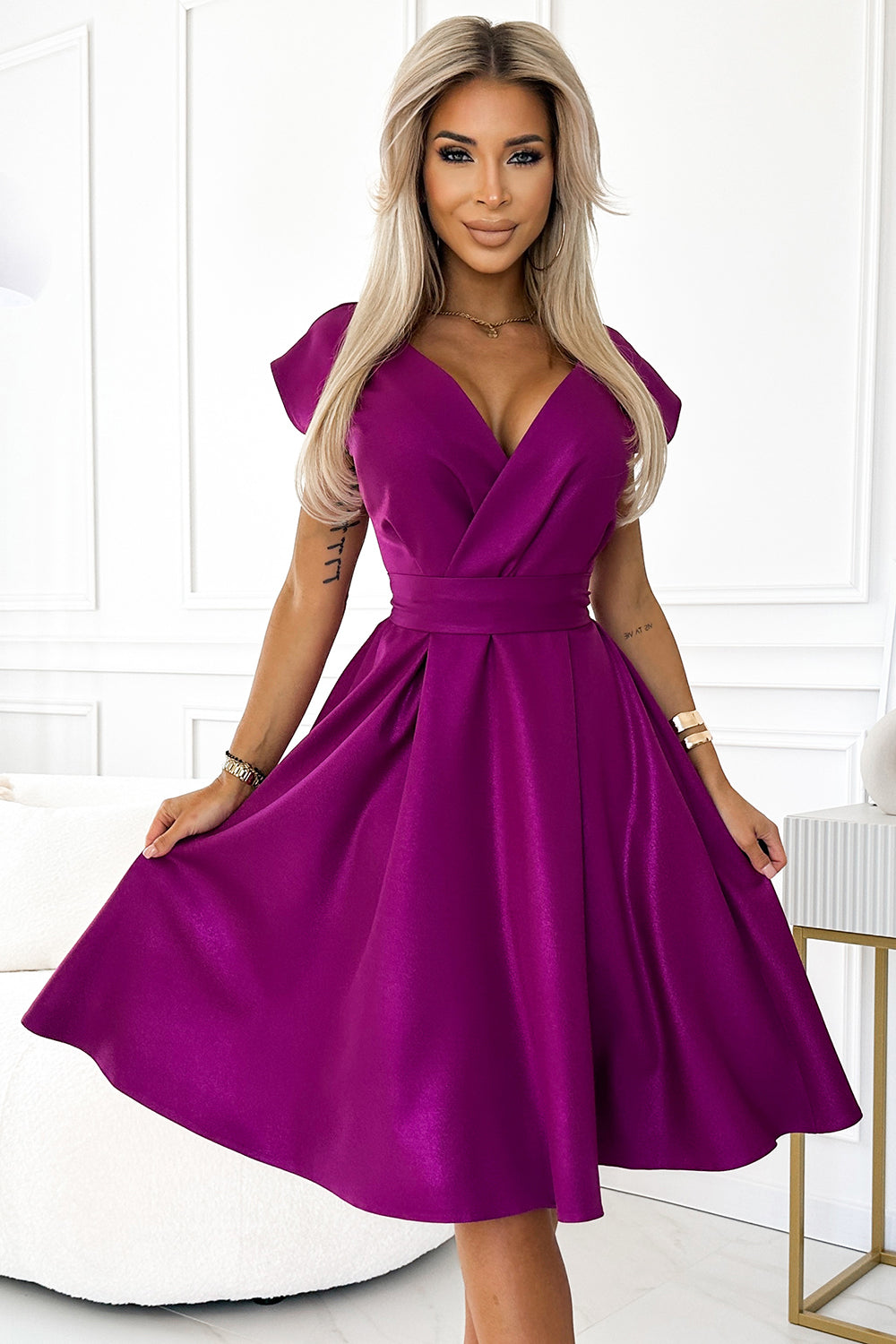 Numoco 348-8 SCARLETT flared dress with a neckline - fuchsia with glitter