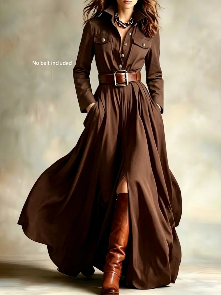 Vestido casual para mulher, para deslocações e férias, com gola de lapela, cintura marcada, bainha com abertura, para uso diário, encontros e festas