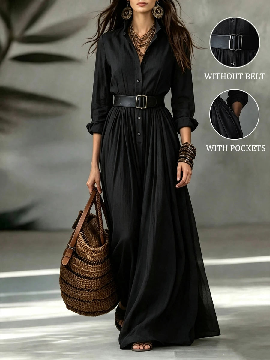 Vestido longo feminino de outono/inverno com gola alta pequena, frente semiaberta e manga comprida, roupa de férias, vestido elegante de festa, vestido de formatura, vestido casual, vestido formal, estilo campestre, vestido preto