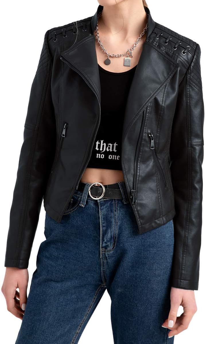 YYNUDA - Casaco de moto, para mulher, de pele sintética e estilo vintage