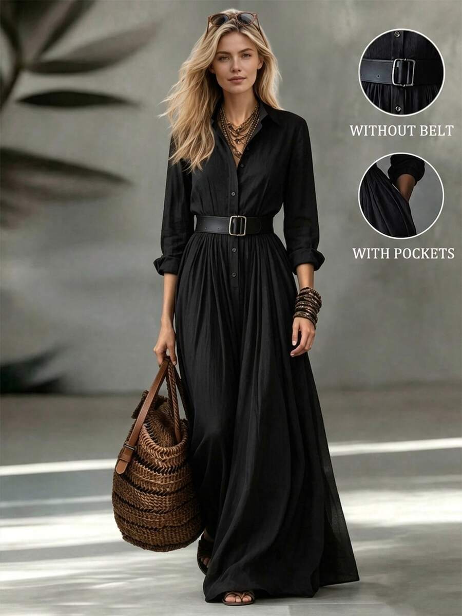 Vestido longo feminino de outono/inverno com gola alta pequena, frente semiaberta e manga comprida, roupa de férias, vestido elegante de festa, vestido de formatura, vestido casual, vestido formal, estilo campestre, vestido preto