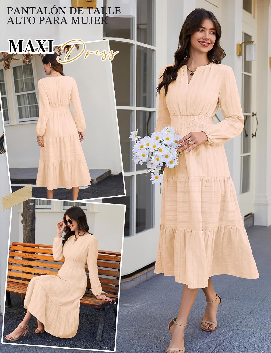 Vestido mulher manga comprida decote em V outono