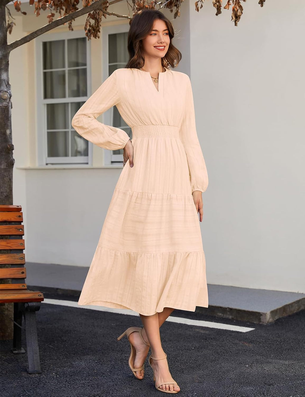 Vestido mulher manga comprida decote em V outono
