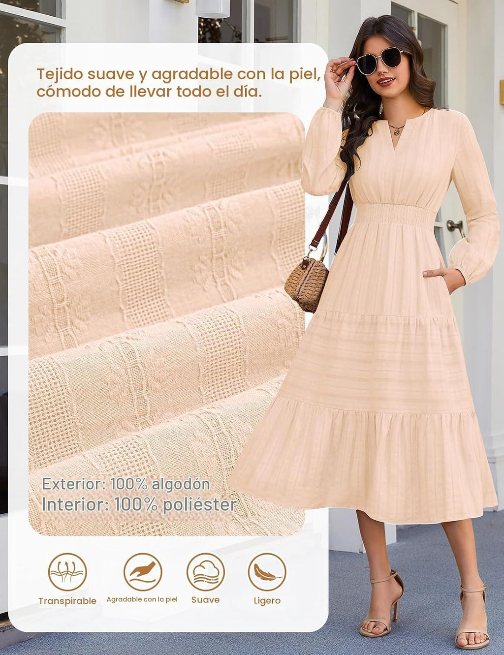 Vestido mulher manga comprida decote em V outono