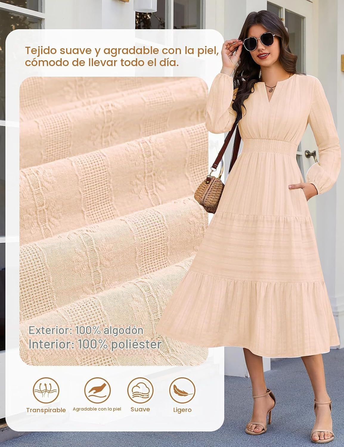 Vestido mulher manga comprida decote em V outono