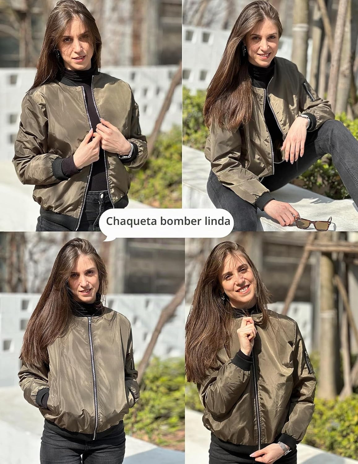 Zeagoo Blusão Bomber para Mulher Curto Casual Piloto Manga Longa Casaco Leve com Fecho de Correr Sólida Camisola