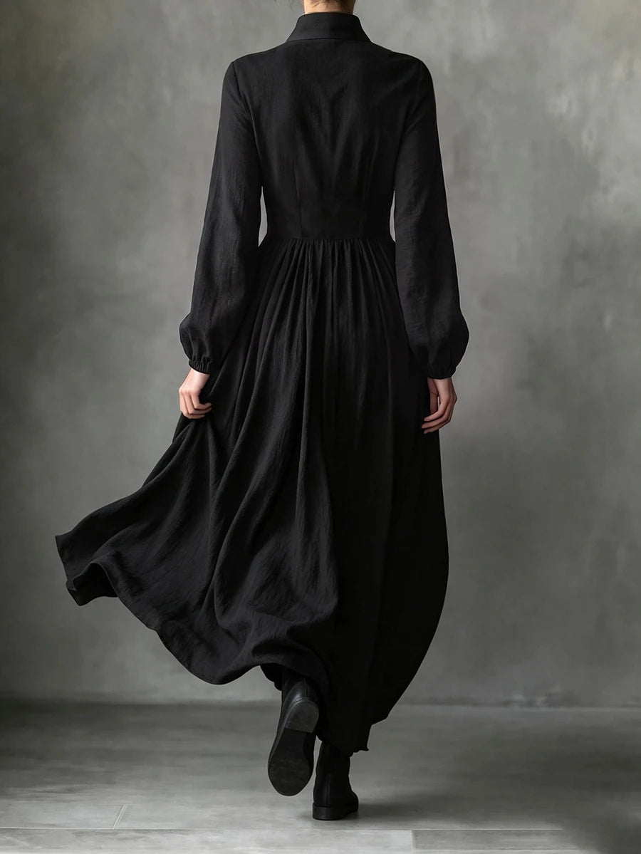 Vestido longo feminino de outono/inverno com gola alta pequena, frente semiaberta e manga comprida, roupa de férias, vestido elegante de festa, vestido de formatura, vestido casual, vestido formal, estilo campestre, vestido preto