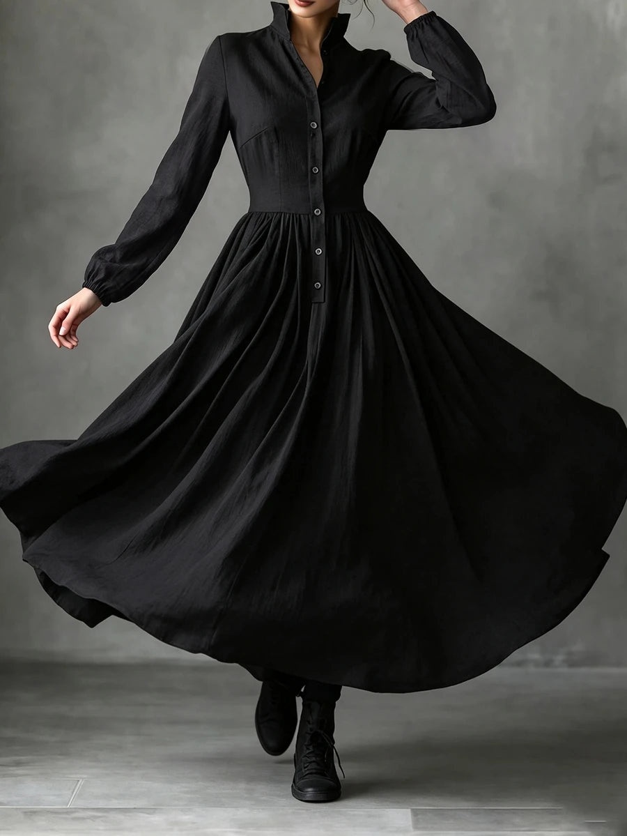 Vestido longo feminino de outono/inverno com gola alta pequena, frente semiaberta e manga comprida, roupa de férias, vestido elegante de festa, vestido de formatura, vestido casual, vestido formal, estilo campestre, vestido preto