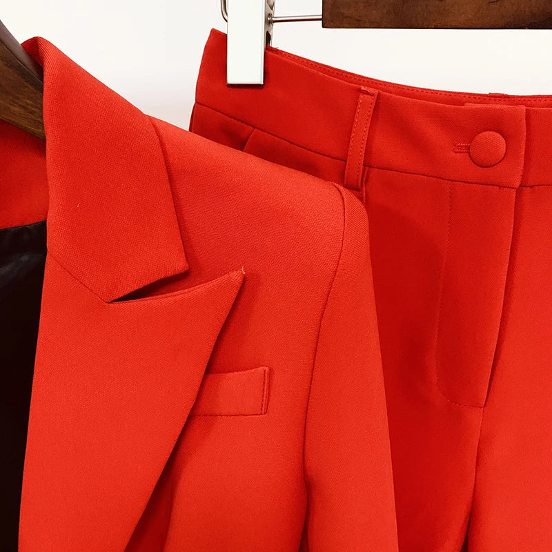 Alta qualidade nova moda 2024 designer blazer terno conjunto feminino único botão vermelho blazer calças flare terno