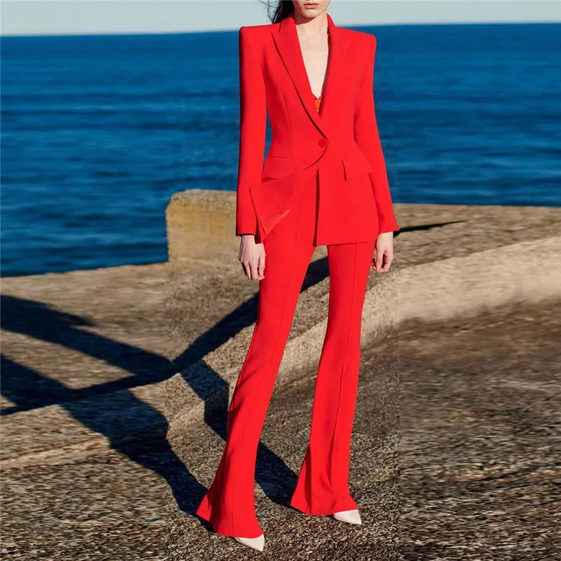 Alta qualidade nova moda 2024 designer blazer terno conjunto feminino único botão vermelho blazer calças flare terno