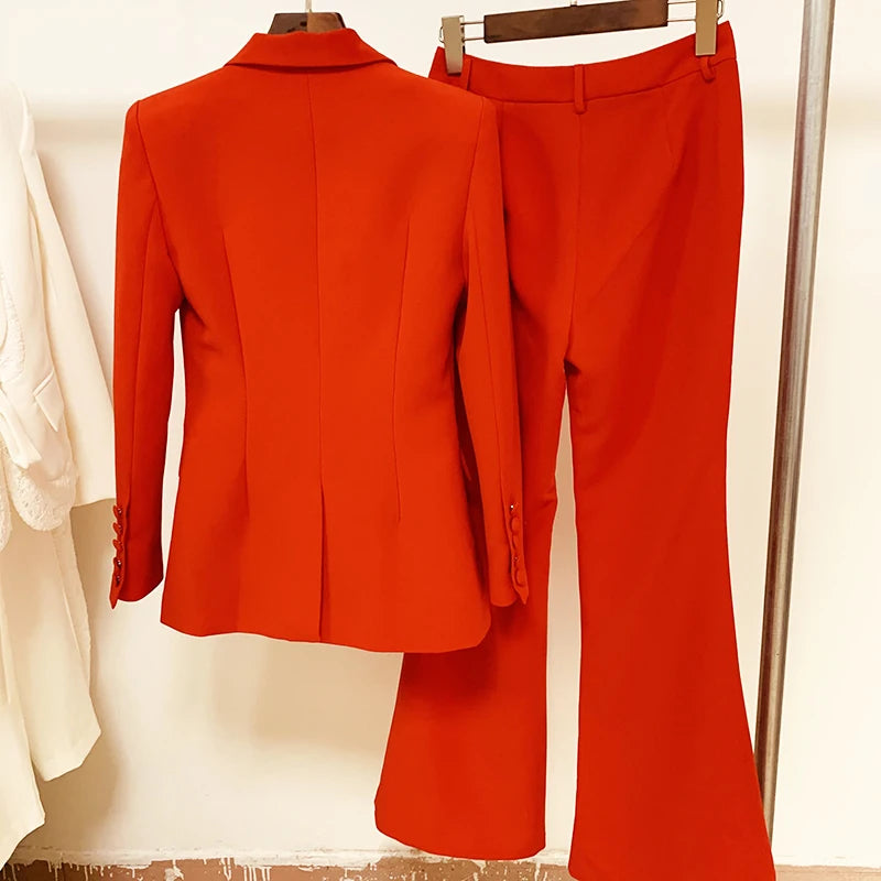 Alta qualidade nova moda 2024 designer blazer terno conjunto feminino único botão vermelho blazer calças flare terno
