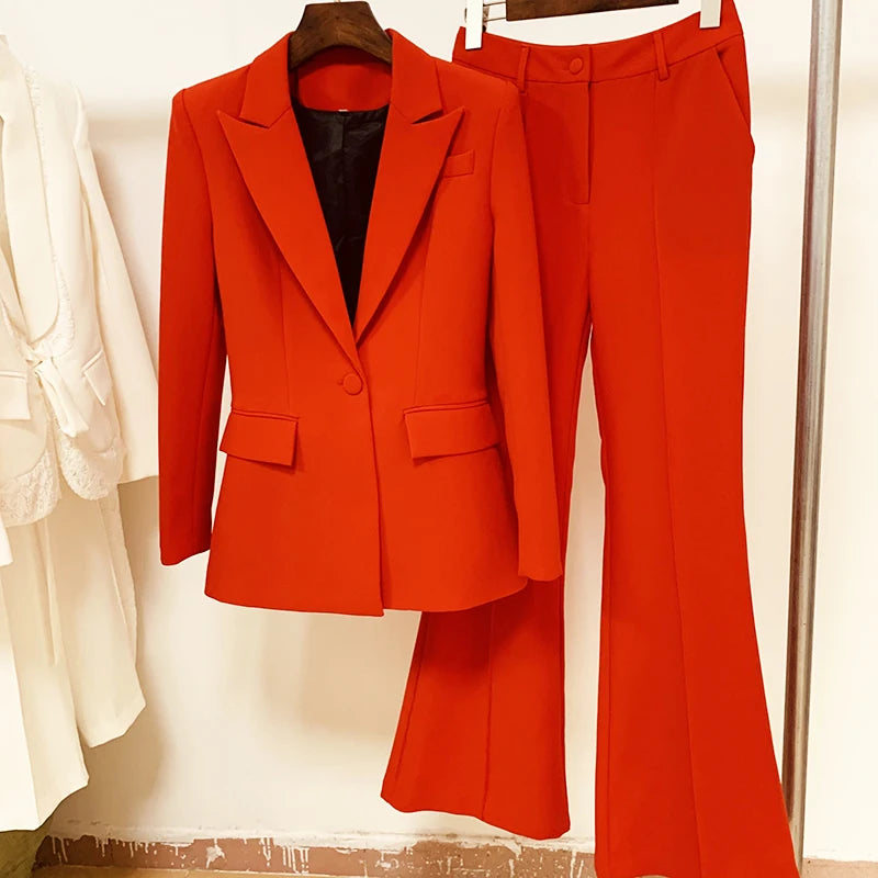 Alta qualidade nova moda 2024 designer blazer terno conjunto feminino único botão vermelho blazer calças flare terno