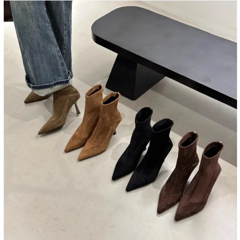 Botas Femininas Retrô de Camurça com Salto Fino e Bico Fino, Estilo Francês, para Escritório, Outono Inverno