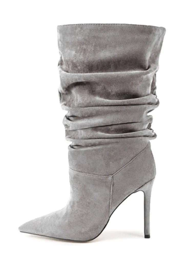 Botas Curtas Plissadas de Salto Alto com Bico Fino para Mulheres, Coleção Outono/Inverno 2026, Tamanhos Grandes 35-47