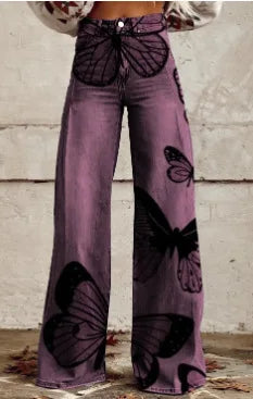 Calça jeans feminina estampada 3D, calça larga de poliéster com aparência vintage desgastada, cintura alta, ajuste confortável para moda urbana