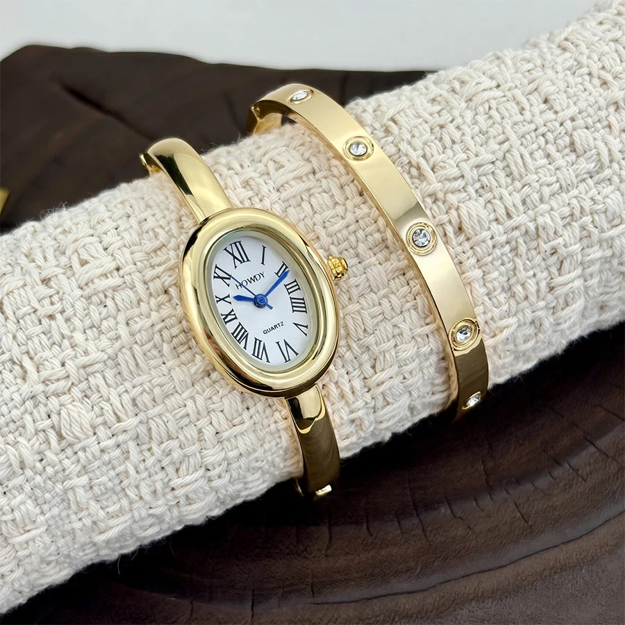Conjunto de Relógios Femininos em Duas Peças - Relógio de Pulso Retro Luxuoso e Estiloso para Mulheres