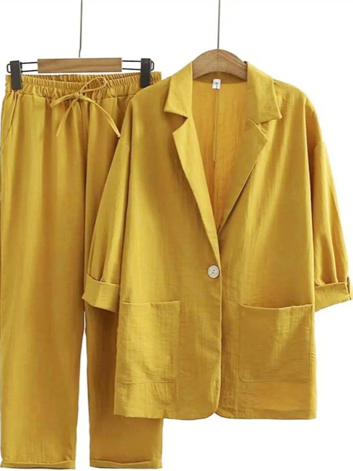 NOVO CONJUNTO FEMININO DE OUTONO CASUAL PARA O DIA A DIA EM ALGODÃO E LINHO, COM BLAZER E CALÇA, DESIGN ELEGANTE COM GOLA DE BLAZER