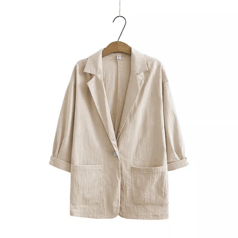 NOVO CONJUNTO FEMININO DE OUTONO CASUAL PARA O DIA A DIA EM ALGODÃO E LINHO, COM BLAZER E CALÇA, DESIGN ELEGANTE COM GOLA DE BLAZER