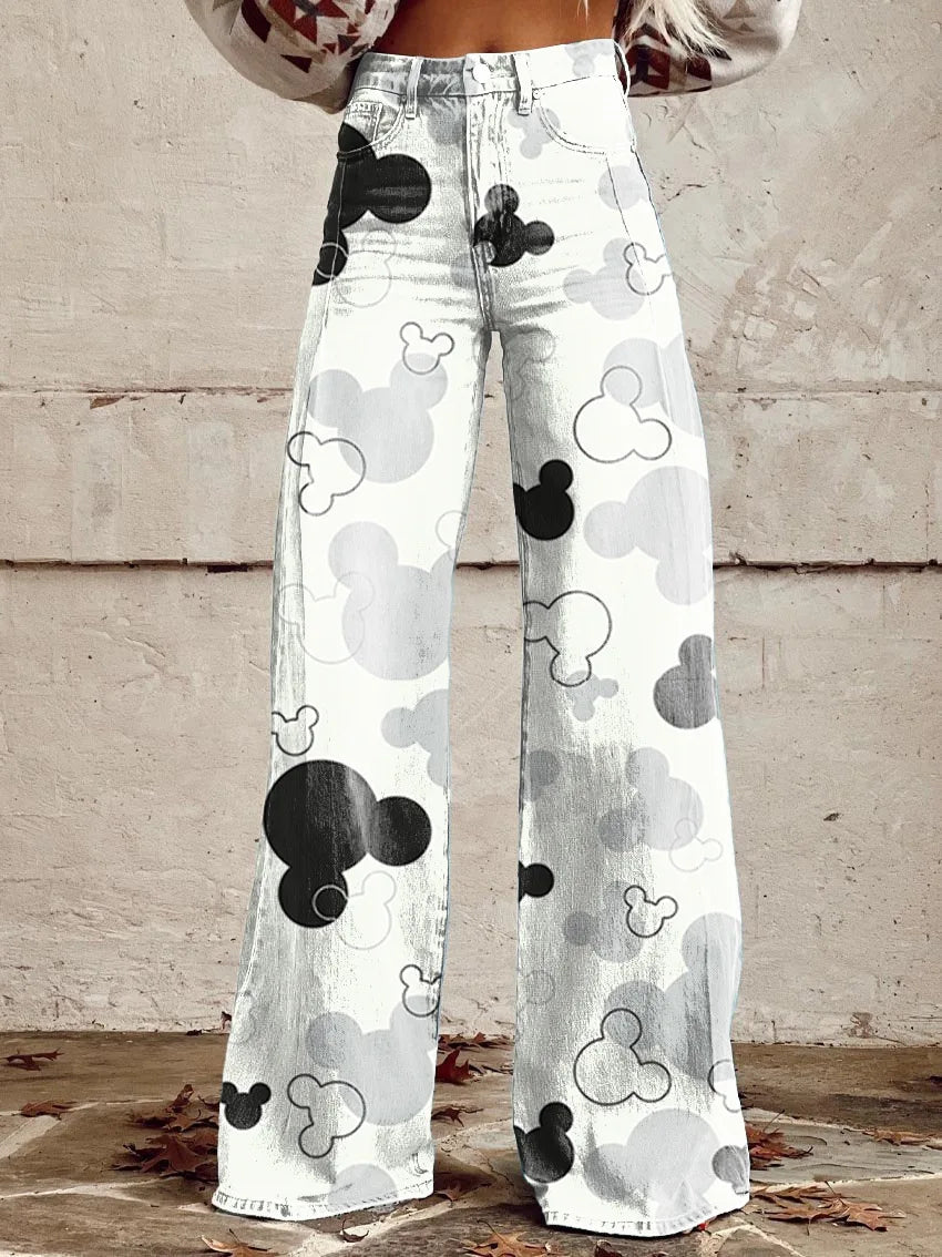 Calça jeans feminina estampada 3D, calça larga de poliéster com aparência vintage desgastada, cintura alta, ajuste confortável para moda urbana