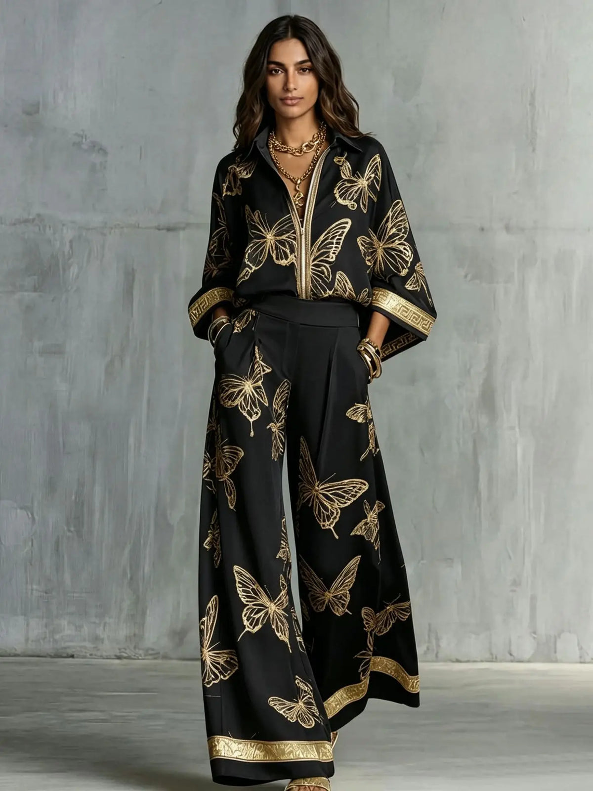 Conjunto Feminino de Camisa Estampada Oversized e Calça, Blusa de Manga Longa com Lapela, Calça de Cintura Alta Elástica e Perna Larga, Conjunto de Duas Peças Feminino
