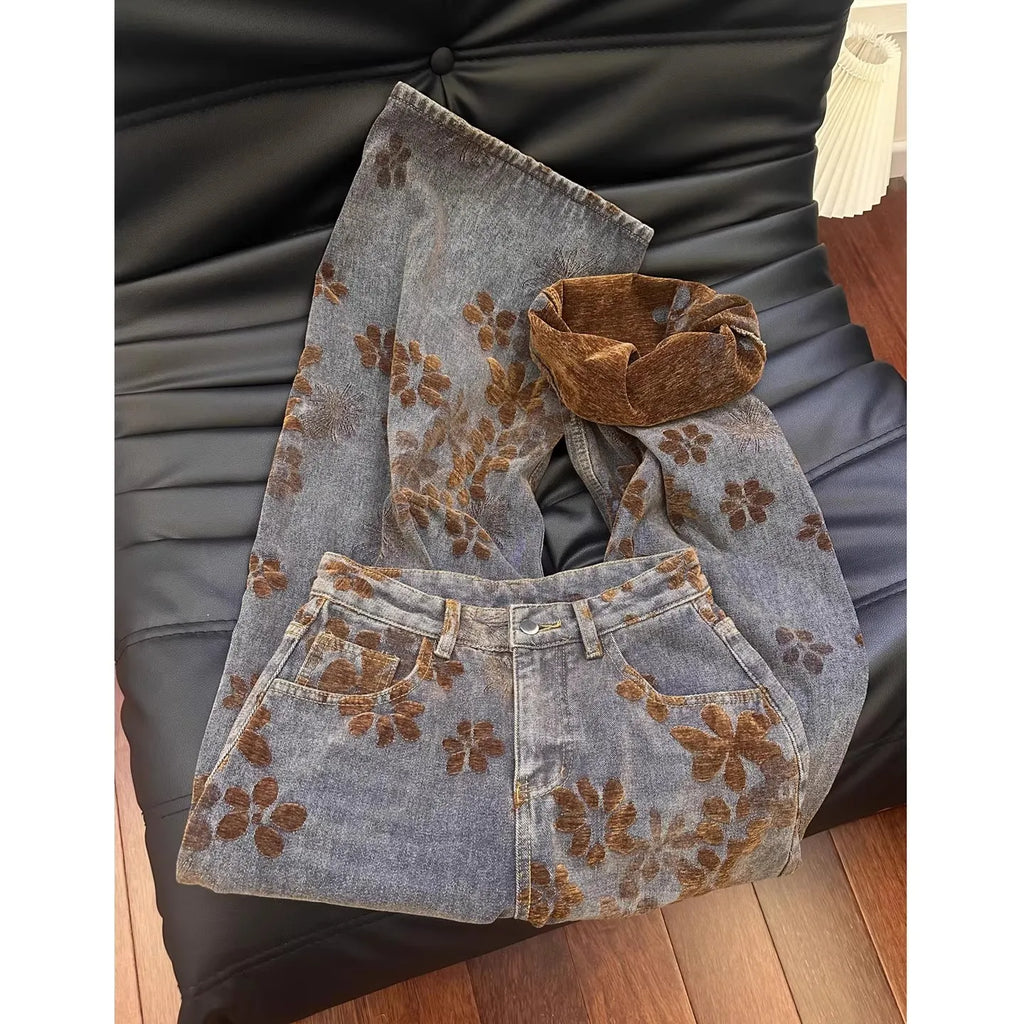 Calças Jeans Femininas Largas com Estampa Floral Retro Americana, Tamanho Plus, Calças de Denim para Outono e Inverno, Comprimento até o Chão