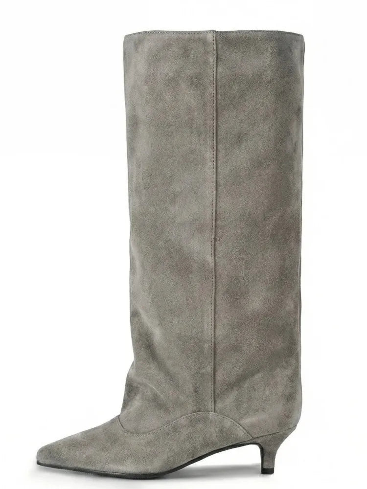 Botas Femininas de Cano Médio com Salto Baixo Pontudo 2026, Botas de Cano Alto da Moda com Salto Fino, Tamanhos Grandes 35-45