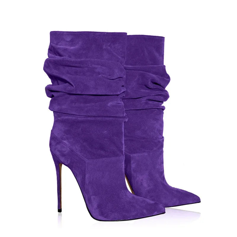 2025 moda dedo do pé apontado plissado salto stiletto joelho botas altas elásticas plus size botas de vestido feminino para escritório & festa à noite