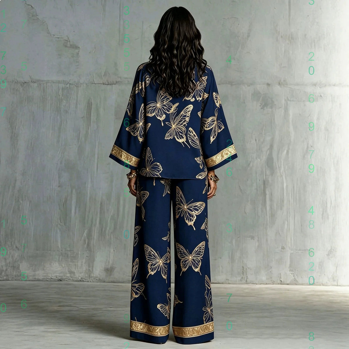 Conjunto Feminino de Camisa Estampada Oversized e Calça, Blusa de Manga Longa com Lapela, Calça de Cintura Alta Elástica e Perna Larga, Conjunto de Duas Peças Feminino