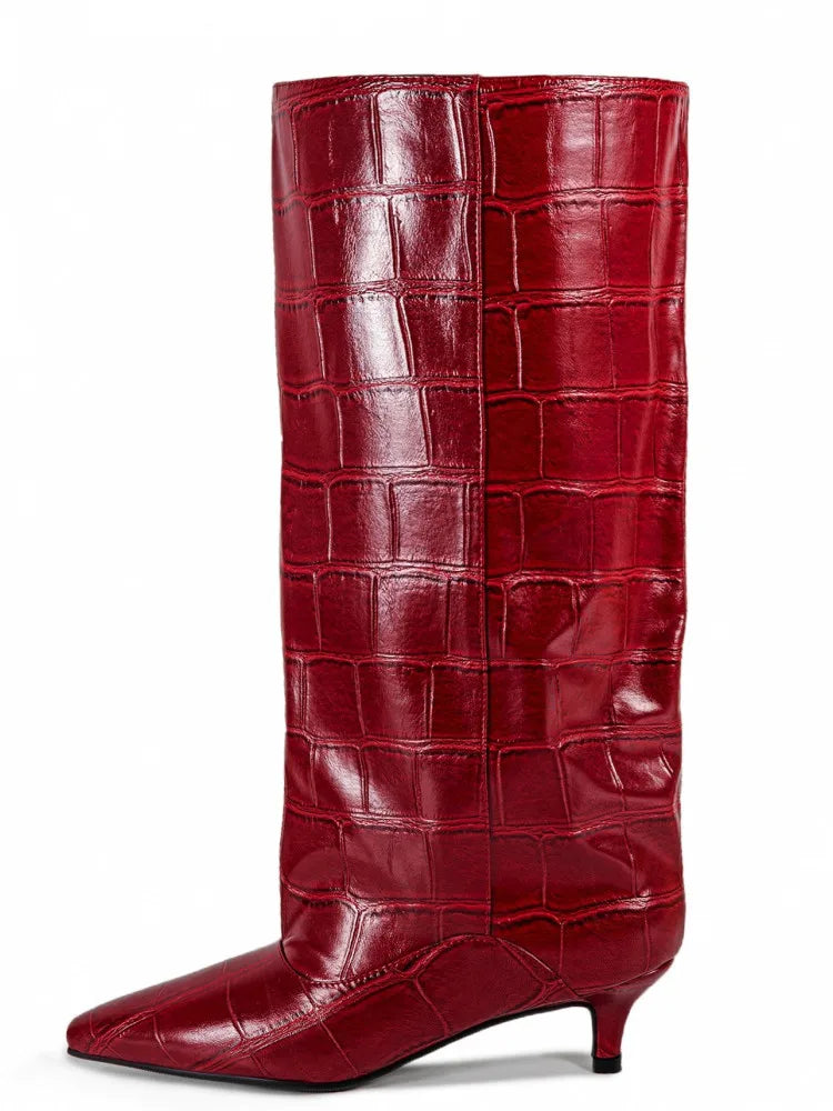 Botas Femininas de Cano Médio com Salto Baixo Pontudo 2026, Botas de Cano Alto da Moda com Salto Fino, Tamanhos Grandes 35-45