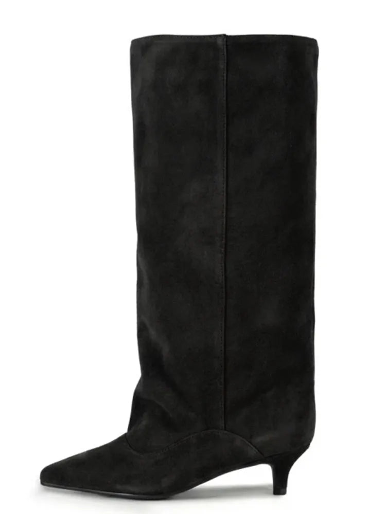 Botas Femininas de Cano Médio com Salto Baixo Pontudo 2026, Botas de Cano Alto da Moda com Salto Fino, Tamanhos Grandes 35-45