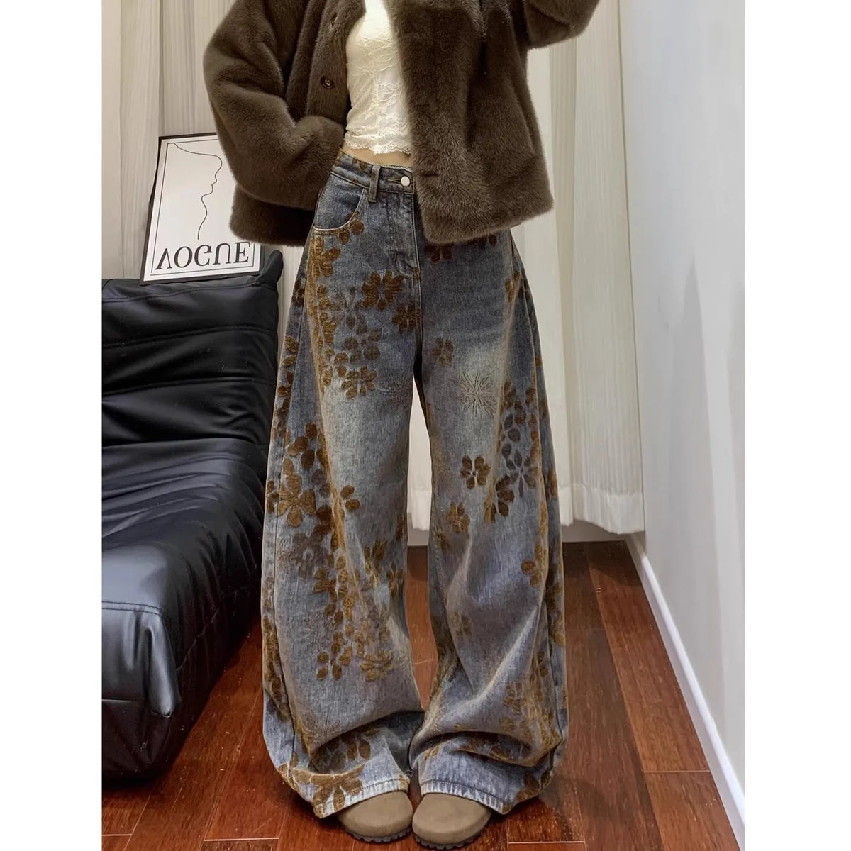 Calças Jeans Femininas Largas com Estampa Floral Retro Americana, Tamanho Plus, Calças de Denim para Outono e Inverno, Comprimento até o Chão