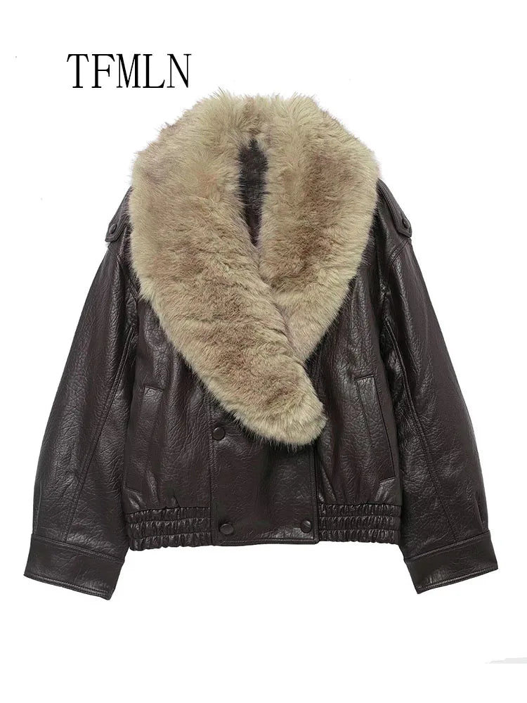 Tfmln 2025 inverno feminino solto jaqueta de couro falso moda removida grande gola de pele casaco causal high street duplo breasted outwear