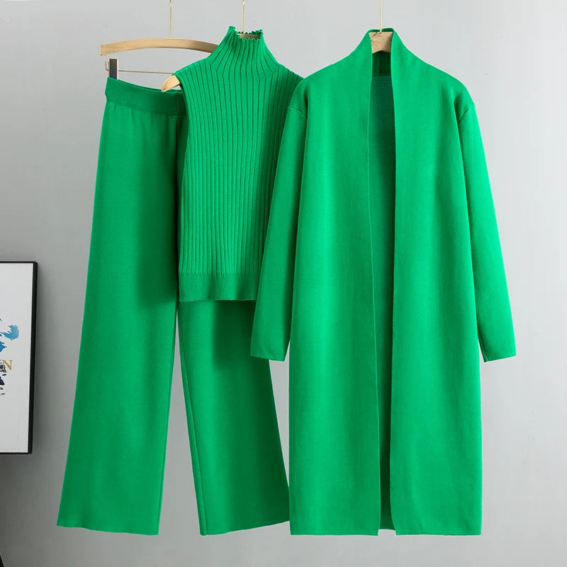 Conjunto Feminino Elegante de Tricô 3 Peças para Inverno e Outono 2026: Cardigã, Suéter e Calça Pantalona