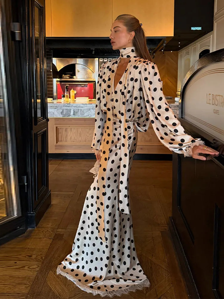 Conjunto de Saia e Vestido Maxi Feminino Elegante de Cetim com Poás, Decote em V com Laço, Manga Comprida e Cintura Marcada, para Festa Noturna 2026