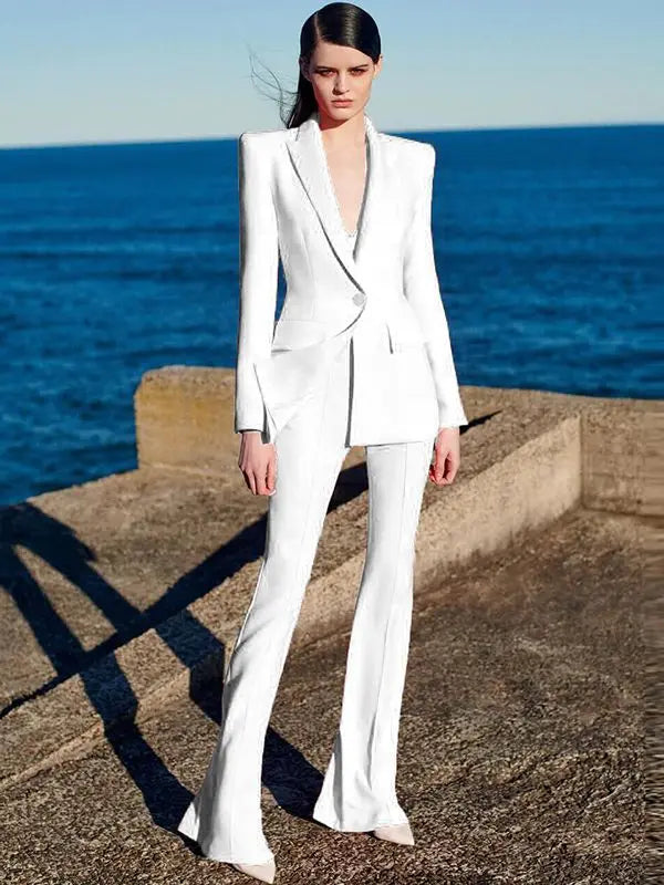 Alta qualidade nova moda 2024 designer blazer terno conjunto feminino único botão vermelho blazer calças flare terno
