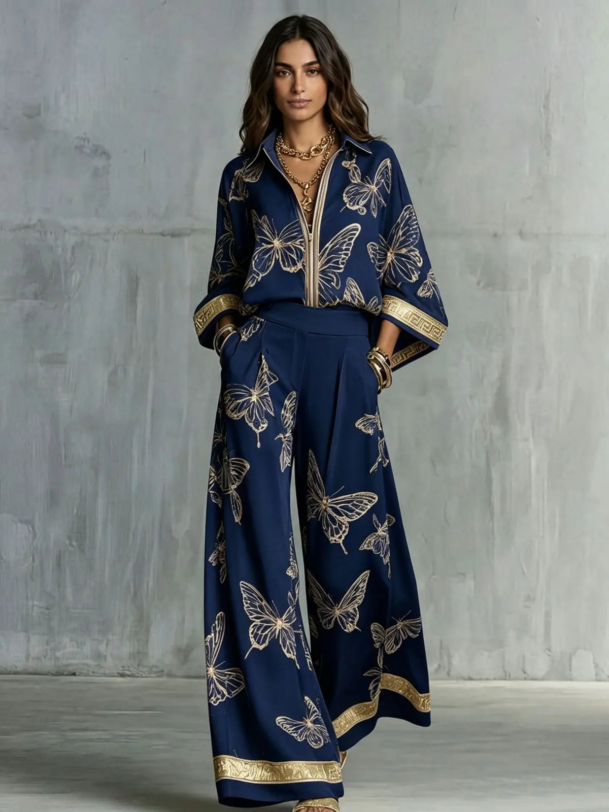 Conjunto Feminino de Camisa Estampada Oversized e Calça, Blusa de Manga Longa com Lapela, Calça de Cintura Alta Elástica e Perna Larga, Conjunto de Duas Peças Feminino