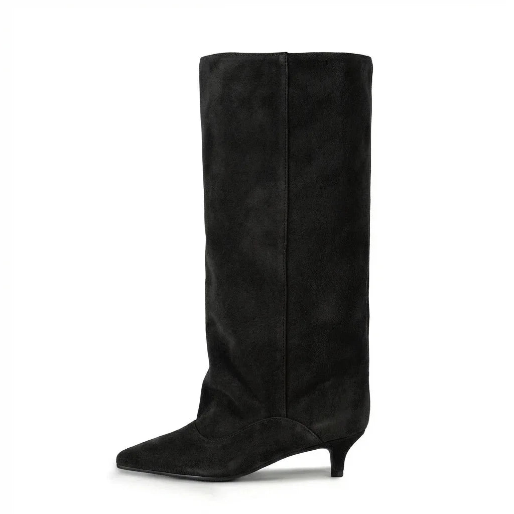 Botas Femininas de Cano Médio com Salto Baixo Pontudo 2026, Botas de Cano Alto da Moda com Salto Fino, Tamanhos Grandes 35-45