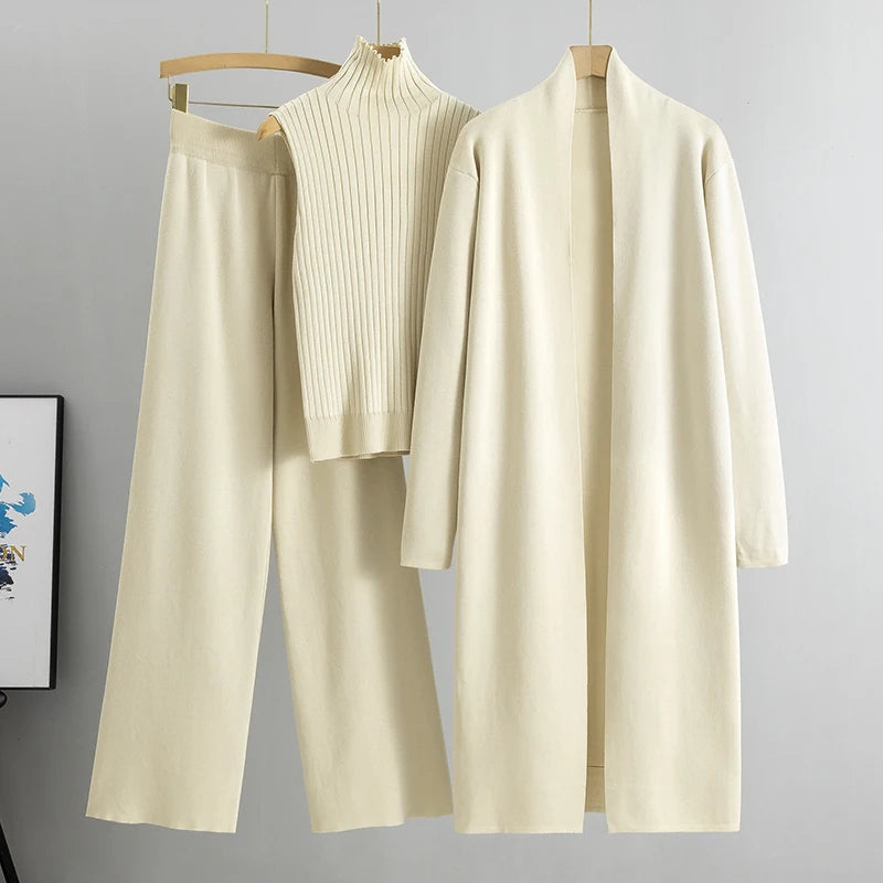 Conjunto Feminino Elegante de Tricô 3 Peças para Inverno e Outono 2026: Cardigã, Suéter e Calça Pantalona