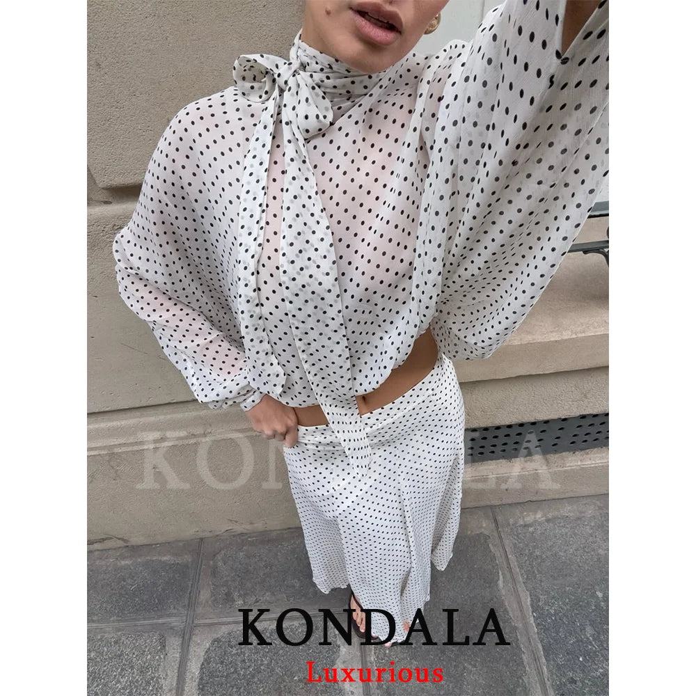 Conjuntos Femininos KONDALA Vintage com Poás, Blusas Soltas de Chiffon com Laço e Saias Longas Soltas, Moda Primavera Verão 2026, Trajes para Férias