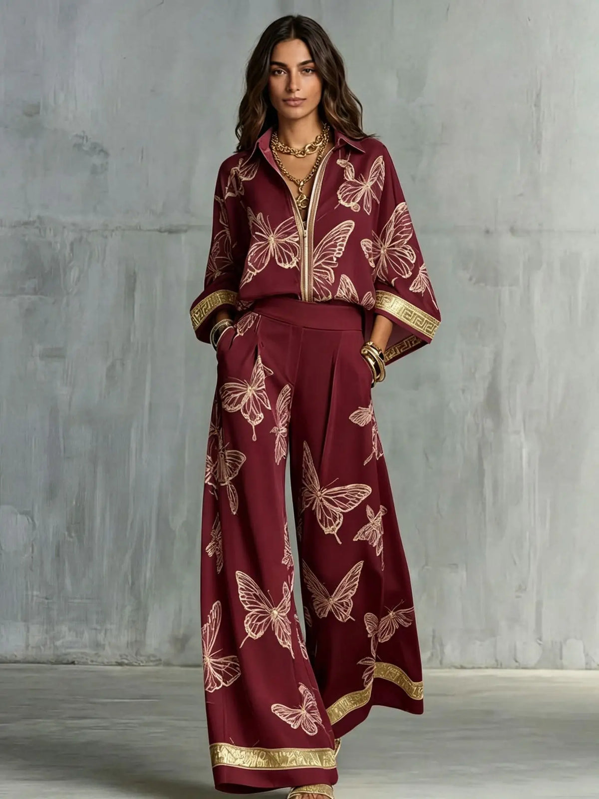 Conjunto Feminino de Camisa Estampada Oversized e Calça, Blusa de Manga Longa com Lapela, Calça de Cintura Alta Elástica e Perna Larga, Conjunto de Duas Peças Feminino