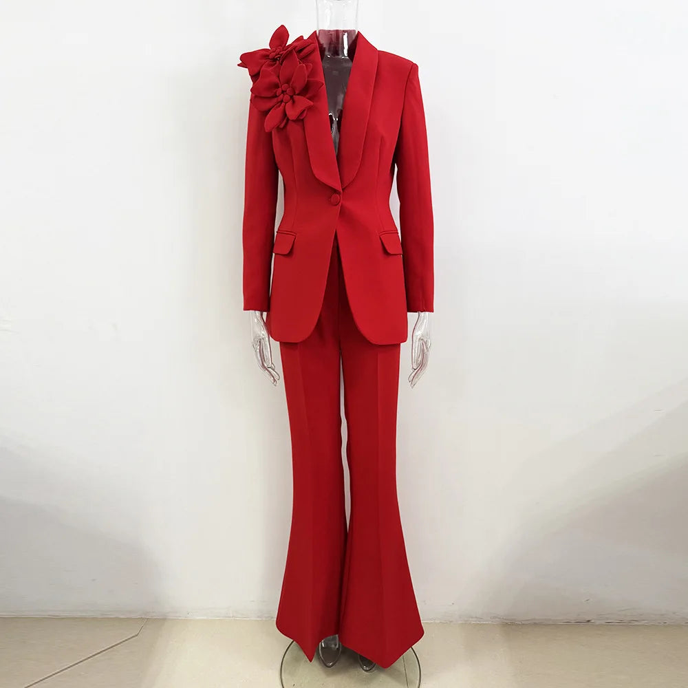 Conjunto de Terno Feminino de Designer da Moda 2026 HIGH STREET, Jaqueta com Flores Tridimensionais e Calças, 2 Peças