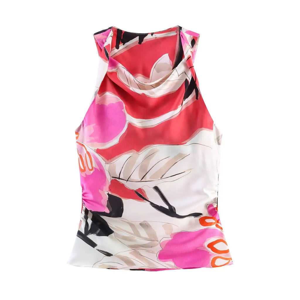 Conjuntos de Saia de Cetim Estampada Feminina da Moda: Tops Regata Plissados Sem Mangas ou Saias Midi Chiques com Cadarço para o Verão