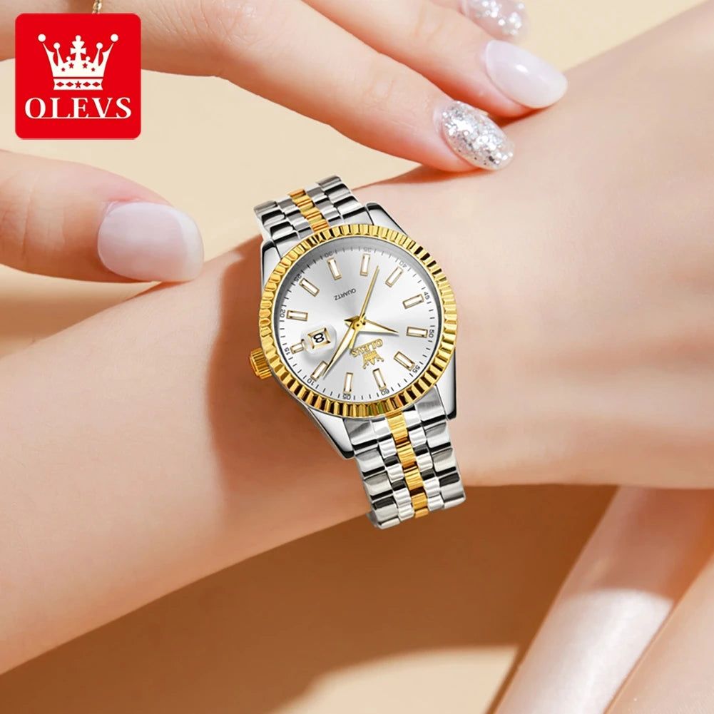 Olevs 5593 mulher relógio de aço inoxidável à prova dwaterproof água data automática elegante senhoras relógio de pulso luxo original relógio de quartzo para mulher novo