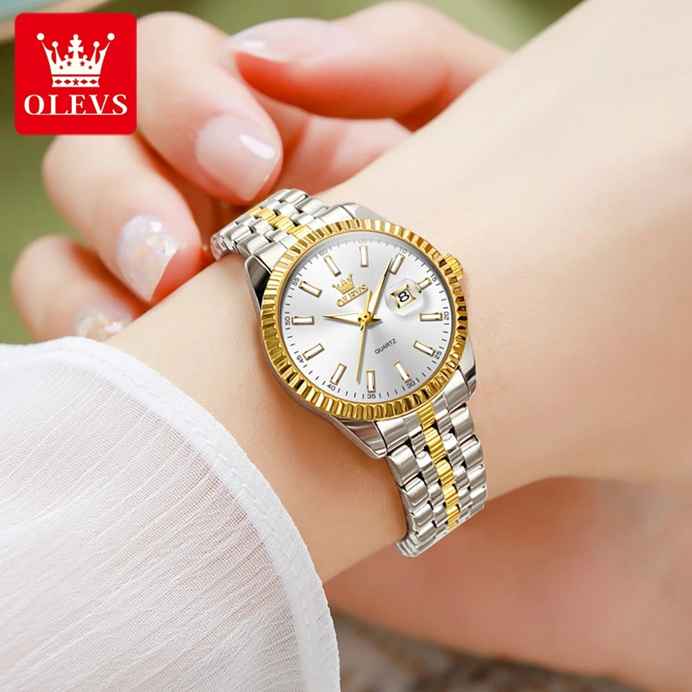 Olevs 5593 mulher relógio de aço inoxidável à prova dwaterproof água data automática elegante senhoras relógio de pulso luxo original relógio de quartzo para mulher novo